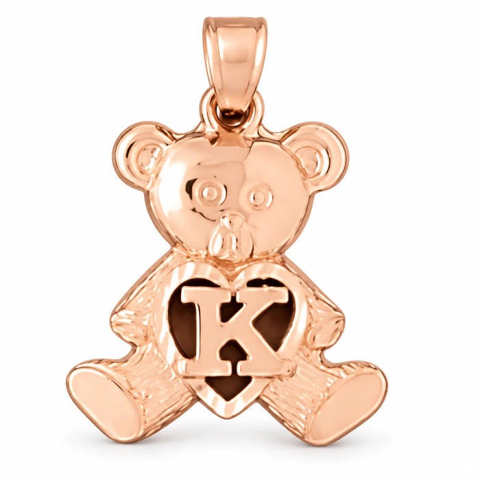 Initial K Teddy Bear Heart Charm Pendant 14k Gold Rose Gold 14k