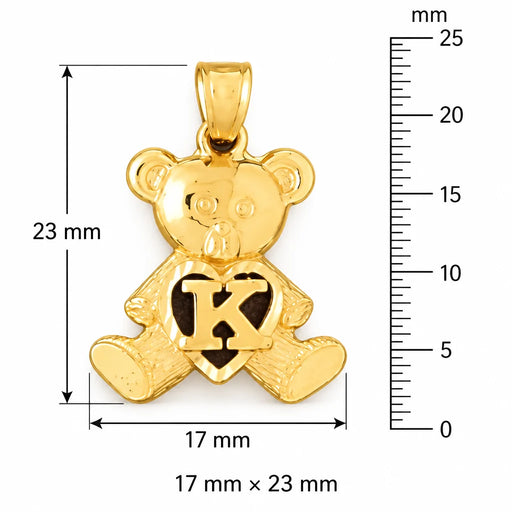 Initial K Teddy Bear Heart Charm Pendant 14k Gold Yellow Gold 14k