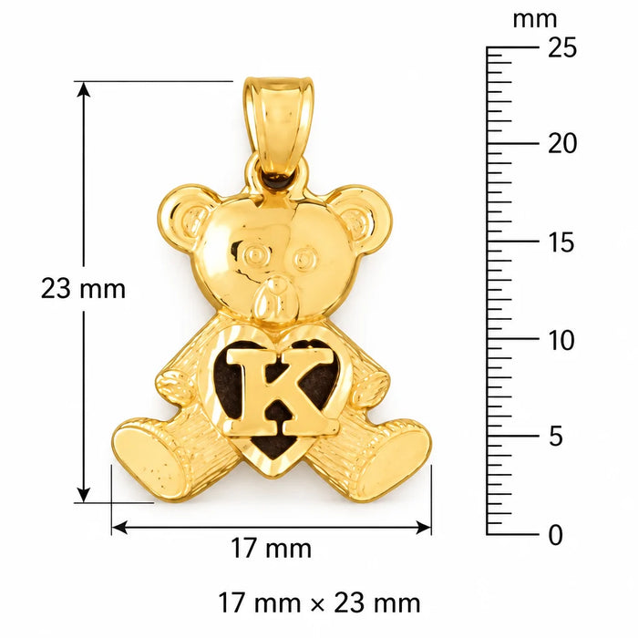 Initial K Teddy Bear Heart Charm Pendant 14k Gold Yellow Gold 14k