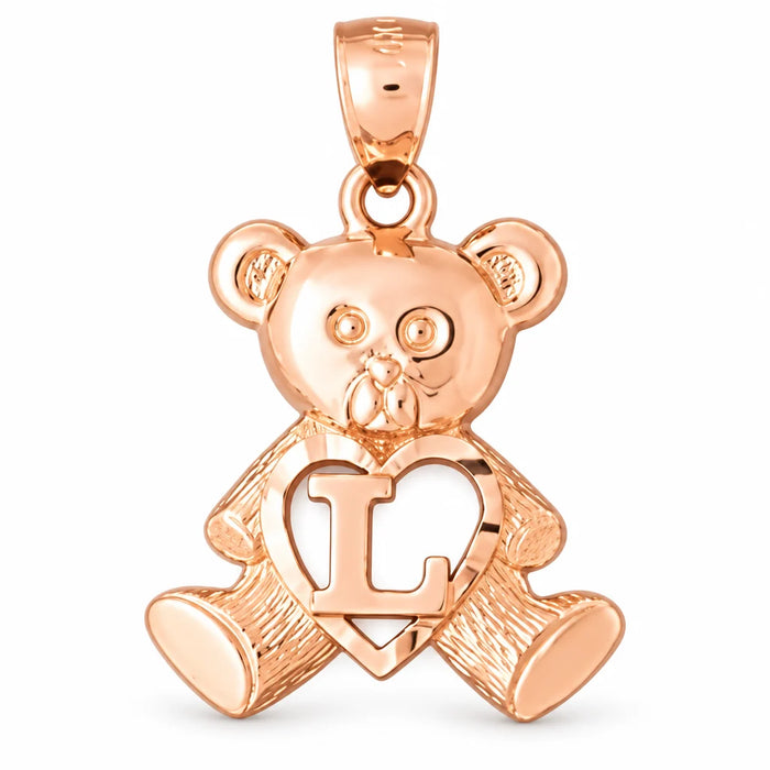 Initial L Teddy Bear Heart Charm Pendant 14k Gold Rose Gold 14k