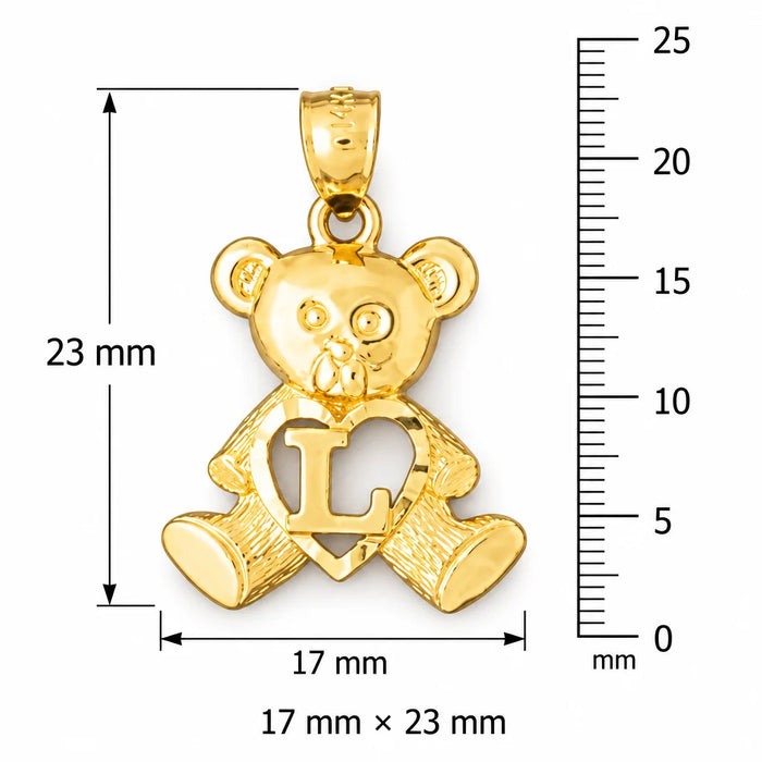 Initial L Teddy Bear Heart Charm Pendant 14k Gold Yellow Gold 14k