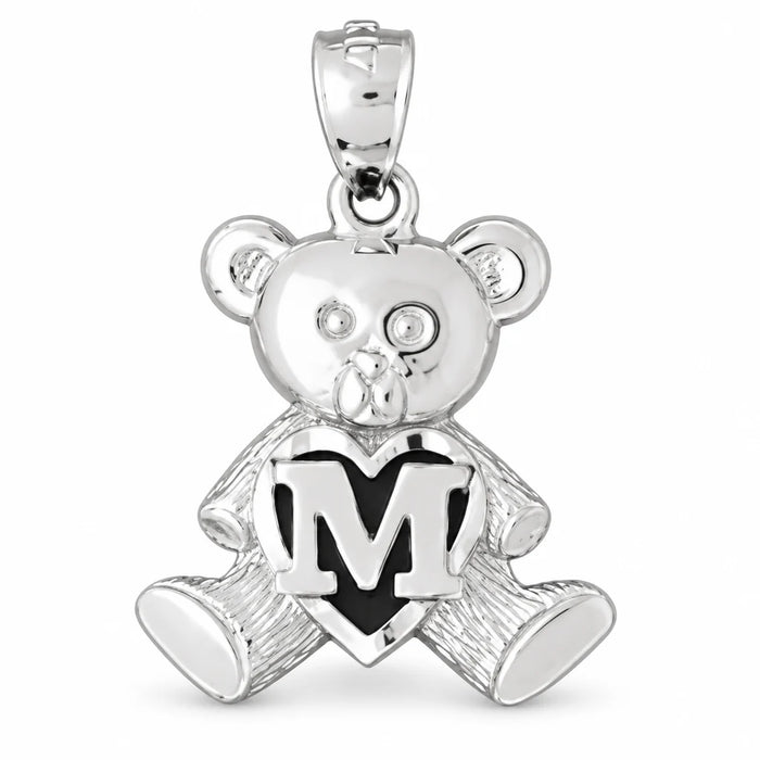 Initial M Teddy Bear Heart Charm Pendant 14k Gold White Gold 14k