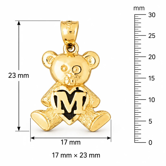 Initial M Teddy Bear Heart Charm Pendant 14k Gold Yellow Gold 14k