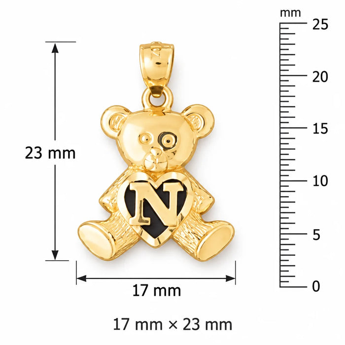 Initial N Teddy Bear Heart Charm Pendant 14k Gold Yellow Gold 14k