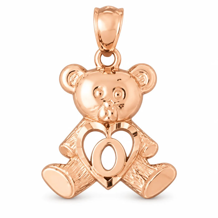 Initial O Teddy Bear Heart Charm Pendant 14k Gold Rose Gold 14k