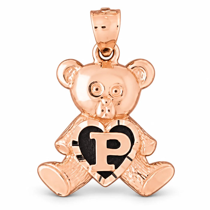 Initial P Teddy Bear Heart Charm Pendant 14k Gold Rose Gold 14k