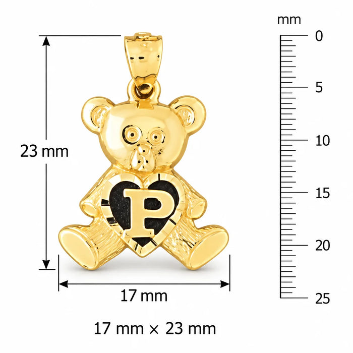 Initial P Teddy Bear Heart Charm Pendant 14k Gold Yellow Gold 14k