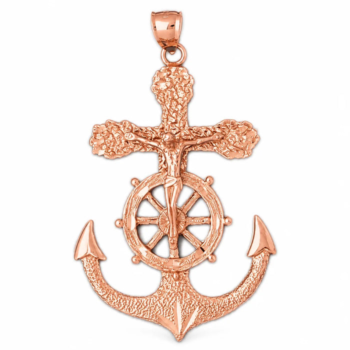 Jesus Christ on Cross Anchor Charm Pendant 14k Gold (10.3 Grams) Rose Gold 14k
