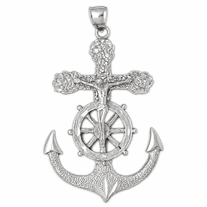 Jesus Christ on Cross Anchor Charm Pendant 14k Gold (10.3 Grams) White Gold 14k
