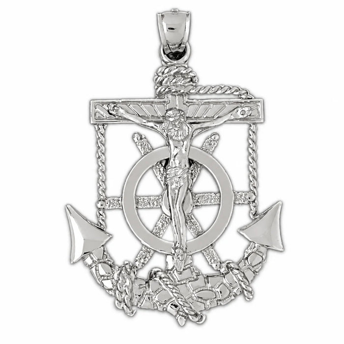 Jesus Christ on Cross Anchor Charm Pendant 14k Gold (14.1 Grams) White Gold 14k