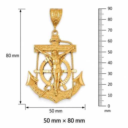 Jesus Christ on Cross Anchor Charm Pendant 14k Gold (26.6 Grams) Yellow Gold 14k