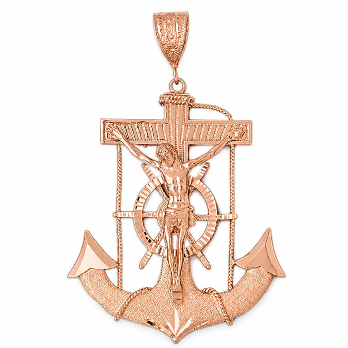 Jesus Christ on Cross Anchor Charm Pendant 14k Gold (34.9 Grams) Rose Gold 14k