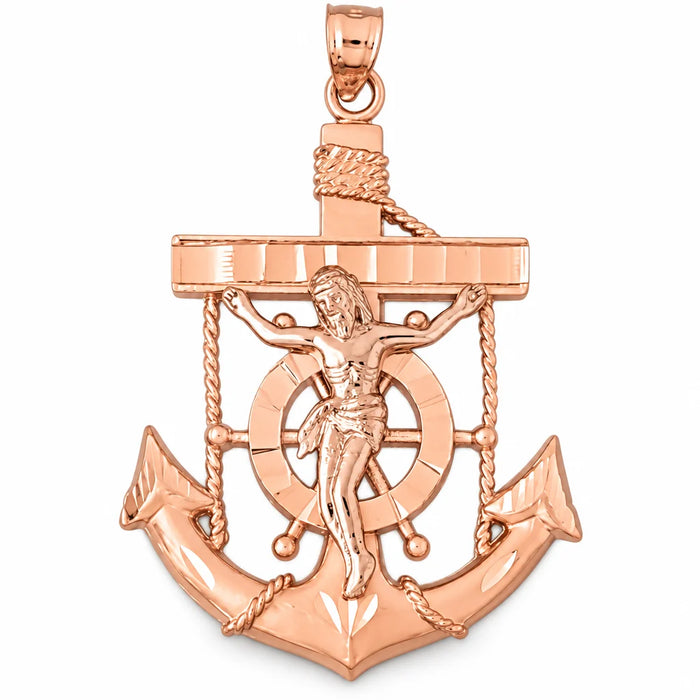 Jesus Christ on Cross Anchor Charm Pendant 14k Gold Rose Gold 14k