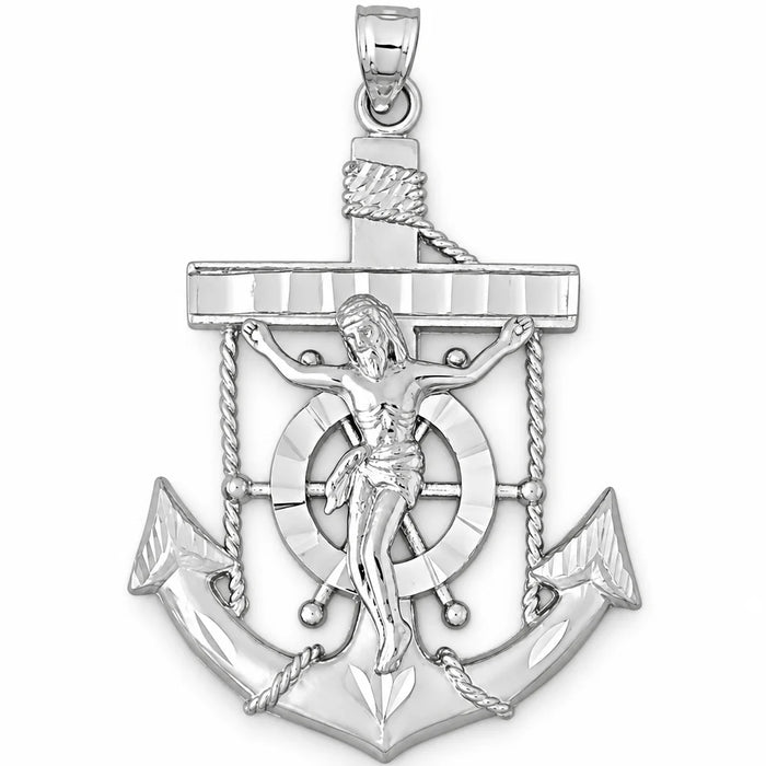 Jesus Christ on Cross Anchor Charm Pendant 14k Gold White Gold 14k