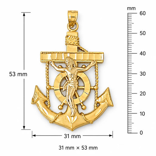 Jesus Christ on Cross Anchor Charm Pendant 14k Gold Yellow Gold 14k
