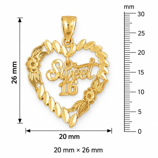 Sweet 16 Heart Charm Pendant 14k Gold Yellow Gold 14k