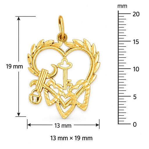 Triple Heart and Key Lock Charm Pendant 14k Gold Yellow Gold 14k