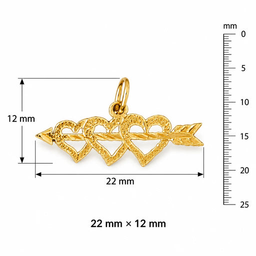 Triple Heart Cupid Arrow Charm Pendant 14k Gold Yellow Gold 14k