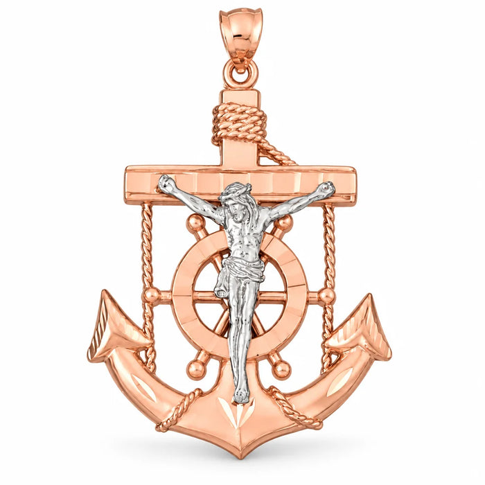 Two Tone 14k Gold Jesus Christ on Cross Anchor Charm Pendant Rose Gold 14k
