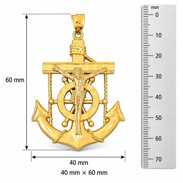 Two Tone 14k Gold Jesus Christ on Cross Anchor Charm Pendant Yellow Gold 14k