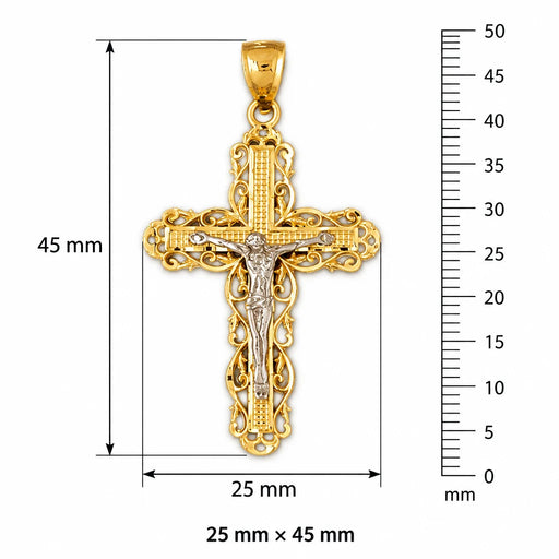 Two Tone Jesus Christ on Cross Charm Pendant 14k Gold (3.3 Grams) Yellow Gold 14k
