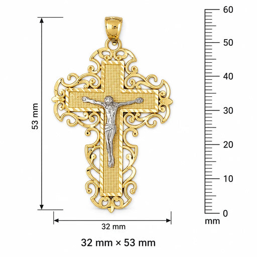 Two Tone Jesus Christ on Cross Charm Pendant 14k Gold (7.6 Grams) Yellow Gold 14k
