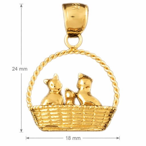 3D Cat Kitten in Basket Charm Pendant 14k Gold Yellow Gold 14k