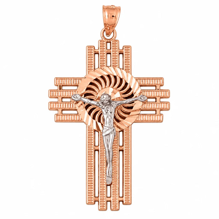 Two Tone Jesus Christ on Cross Charm Pendant 14k Gold Rose Gold 14k