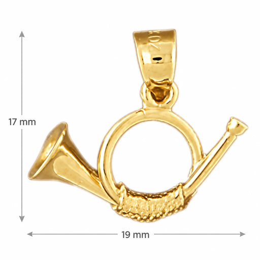 3D French Horn Trumpet Charm Pendant 14k Gold (1.8 Grams) Yellow Gold 14k