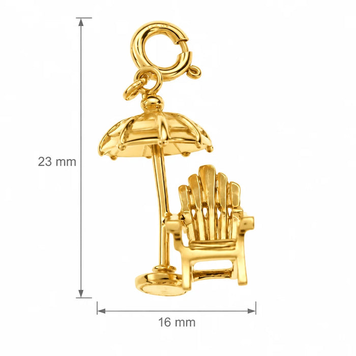 3D Beach Chair and Umbrella Charm Pendant 14k Gold (4 Grams) Yellow Gold 14k
