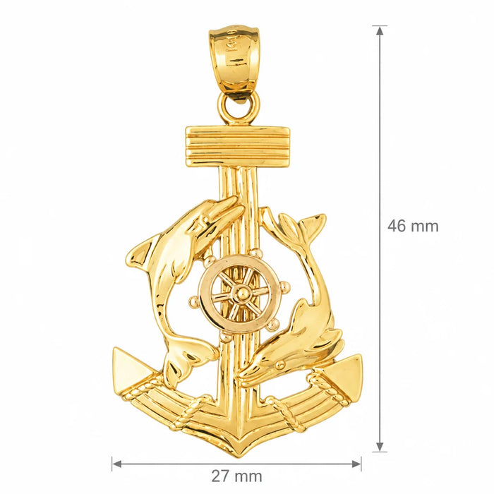 Ship Anchor and Double Dolphin Charm Pendant 14k Two Tone Gold Yellow Gold 14k