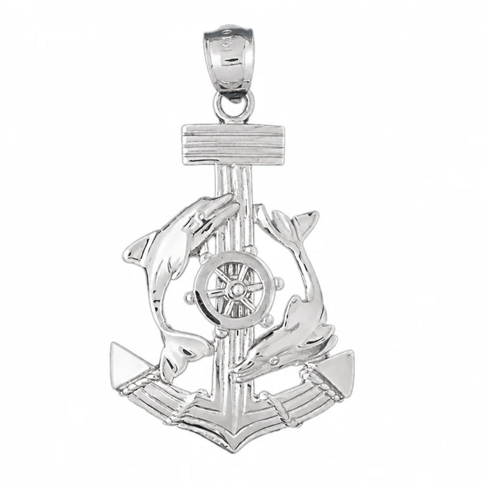Ship Anchor and Double Dolphin Charm Pendant 14k Two Tone Gold White Gold 14k
