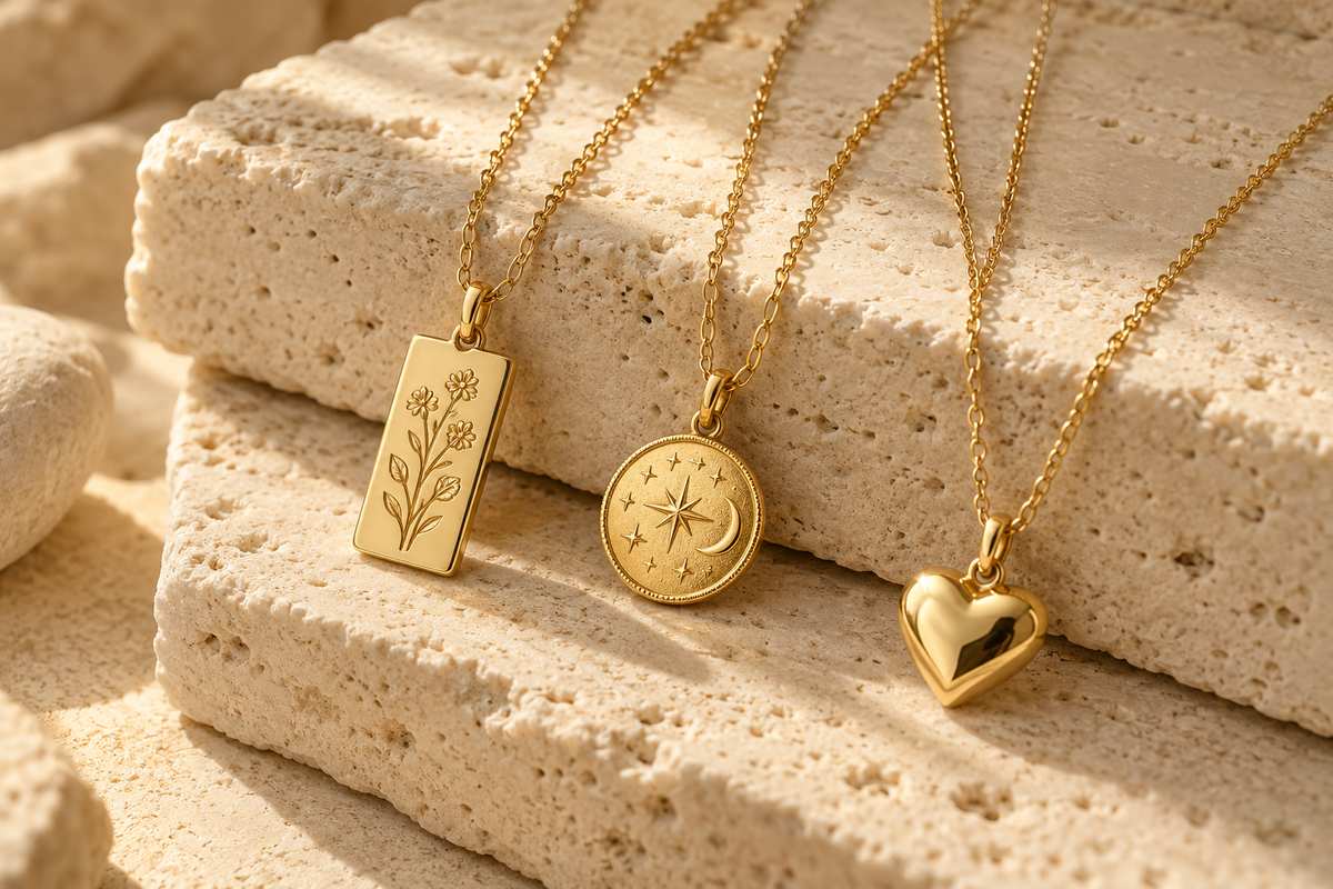 Gold pendants on ivory stone — editorial jewelry photograph