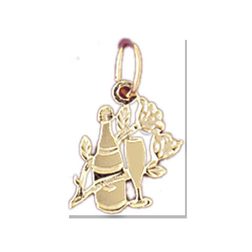 Wine Bottle, Glass and Roses Charm Pendant 14k Gold Yellow Gold 14k