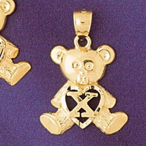 Initial X Teddy Bear Heart Charm Pendant 14k Gold