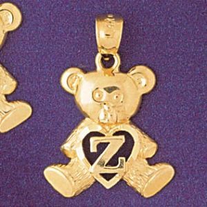 Initial Z Teddy Bear Heart Charm Pendant 14k Gold