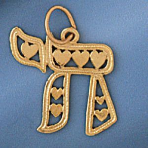 Chai with Hearts Charm Pendant 14k Gold