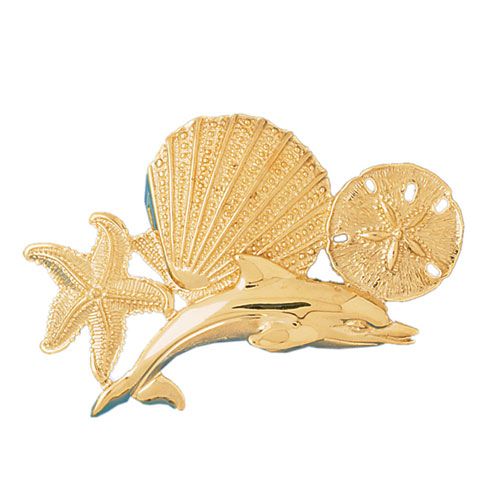 Dolphin, Shell, Starfish Charm Pendant 14k Gold