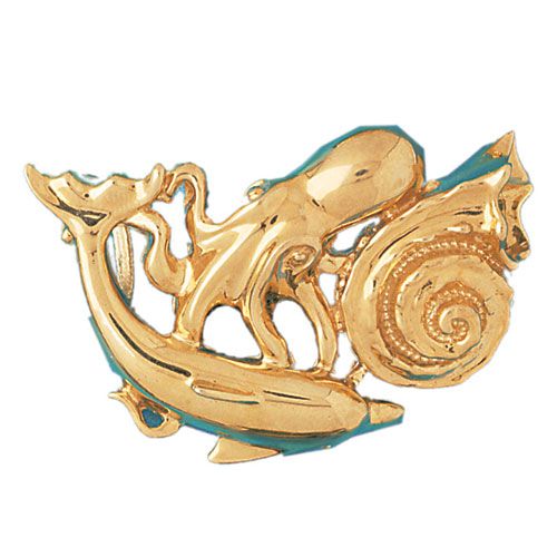 Dolphin, Shell, Octopus Charm Pendant 14k Gold