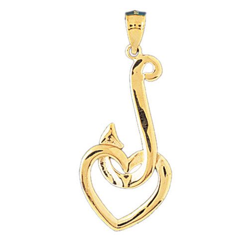 Fishing Hook Heart Charm Pendant 14k Gold