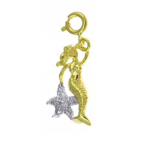 3D Mermaid with Starfish Charm Pendant 14k Two Tone Gold