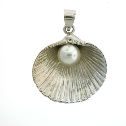 Seashell Pearl Charm Pendant 14k White Gold