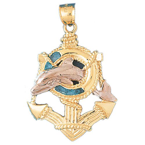 Ship Anchor and Dolphin Charm Pendant 14k Two Tone Gold