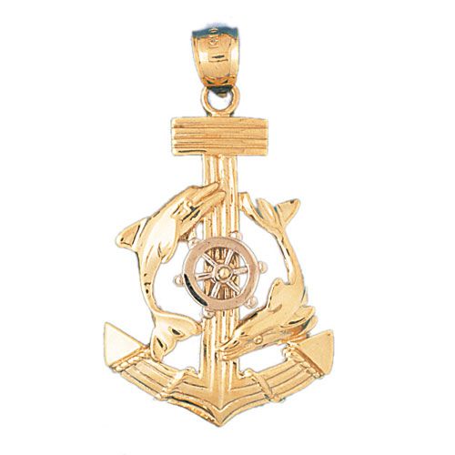 Ship Anchor and Double Dolphin Charm Pendant 14k Two Tone Gold