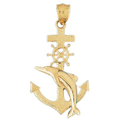 Ship Anchor and Dolphin Charm Pendant 14k Gold