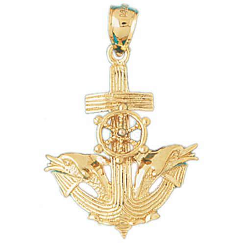 Ship Anchor Double Dolphin and Moveable Wheel Charm Pendant 14k Gold