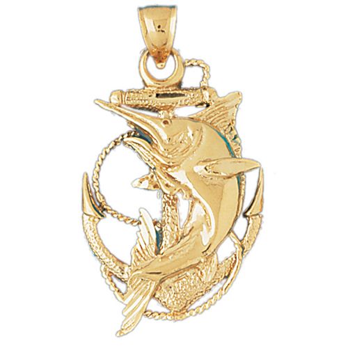 Ship Anchor and Trout Fish Charm Pendant 14k Gold