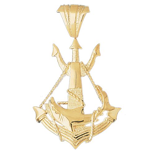 Ship Anchor and Shark Charm Pendant 14k Gold