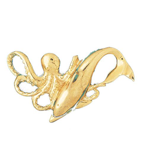 Octopus and Dolphin Slide Charm Pendant 14k Gold