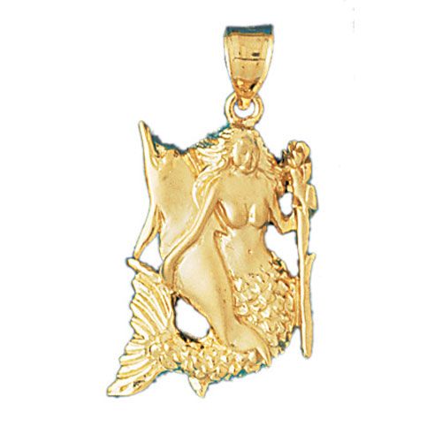 Mermaid and Dolphin Charm Pendant 14k Gold